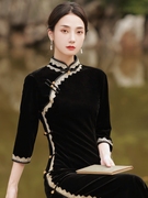 金丝绒旗袍秋冬弹力，黑色简约新中式秋款礼服，日常可穿2024年妈
