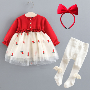 女童连衣裙1周岁生日礼服，女宝宝公主裙子婴儿春秋装，2女孩红色衣服