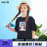 ourq童装女童短袖夏季洋气中大童宽松t恤衫棉质儿童黑色半袖上衣