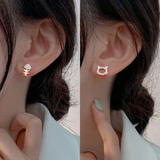 S925银猫咪鱼骨耳钉 小鱼镶钻不对称耳环 时候个性简约耳饰
