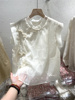 洋气米白色珍珠盘扣蕾丝钩花短袖，飞袖雪纺衫女2024夏设计(夏设计)感新中式