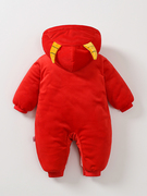 红色0-2岁婴儿冬天连体衣加厚加绒四五个月宝宝冬季衣服外出夹棉