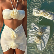 2023欧美三件套比基尼3d立体花朵跨境分体泳衣，沙滩纯色泳装女