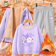 巴布豆女童卫衣开衫加绒冬季女大童冬装三件套紫色儿童羊羔绒套装