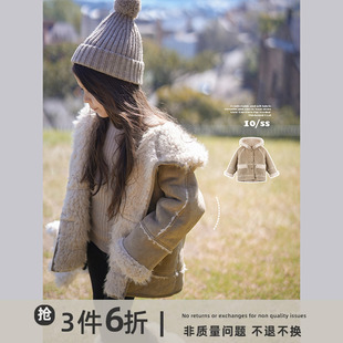 史豌豆(史豌豆)女童一体皮毛，连帽加厚外套2023冬装，亲子装儿童洋气上衣