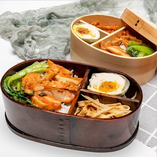 日式木质便当盒木盒子午餐盒学生复古木饭盒双层餐盒实木寿司盒