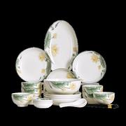 裕行中国风陶瓷餐具套装盘子碗筷，鱼盘套装礼盒包装32头莲年有鱼