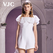 vjc威杰思春夏女装，白色法式荷叶边一字，领修身连体短裤