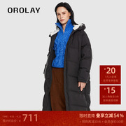 OROLAY欧绒莱23年冬季外套常规宽松过膝加厚连帽加绒羽绒服女