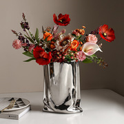 北欧风莫兰迪花瓶干花摆件创意，高级感电镀，银色陶瓷花器样板间装饰