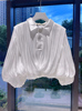 一线品牌撤柜女装喇叭袖白色衬衫皱褶气质短款设计感小众翻领上衣