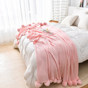 沙发休闲毯纯棉搭毯酒店样板间床上粉红色针织纯色搭巾网红球球毯