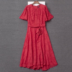 雪纺外贸单春夏女装，圆领荷叶袖腰带，红色立体浮雕提花连衣裙
