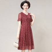 高贵台湾纱妈妈连衣裙，短袖中老年女装夏季大码遮肚洋气减龄红裙子