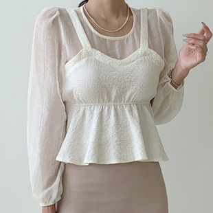 韩国chic夏季减龄复古气质蕾丝假两件吊带长袖衬衫洋气雪纺上衣女