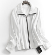V537纯色褶皱设计感翻领拉链开衫春秋通勤蝙蝠长袖休闲女外套