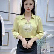 中式国风刺绣缎面衬衫女高级感衬衣，2024春夏季时尚设计感上衣