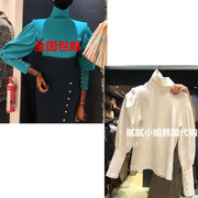 chavi-p韩国东大门2024冬季女装高领耸肩单排扣法式t恤