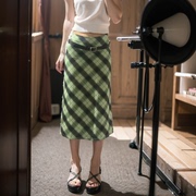 韩版绿色格子半身裙夏季显瘦高腰包臂中长款A字半身裙子小众