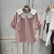韩版夏季小清新甜美蕾丝花瓣领时尚，娃娃领衬衫，女粉色上衣大码