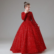 定制儿童晚礼服红色高端公主裙，长袖生日女童，小主持人钢琴演出服装