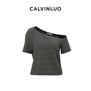 calvinluo不对称露肩条纹t恤设计师款，24易梦玲(易梦玲)同款