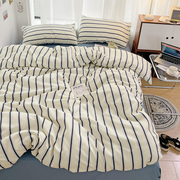 加厚日式简约条纹床上四件套纯棉床单被套三件套全棉磨毛ins风格