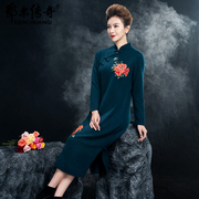 中国风绣花羊绒衫，女中长款毛衣裙修身针织，旗袍裙刺绣山羊绒连衣裙