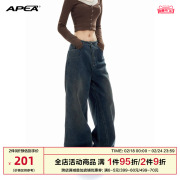 apea美式复古深蓝色低腰牛仔，长裤2023冬季宽松直筒阔腿裤子j