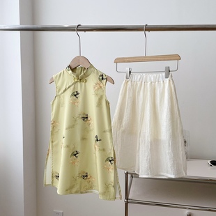 素净淡雅~120-150中式古风，女童夏季轻薄小立领，旗袍+裙裤两件套装