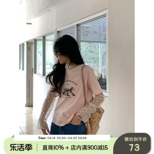 yesroom「樱花奶油」24春季斑点狗卡通印花粉色短袖棉质T恤