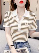 韩版夏季polo条纹短袖t恤女装夏装时尚洋气修身显瘦短款上衣