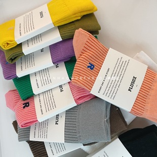 工厂直供彩色纯色字母洋气，韩系韩国ins中筒袜堆堆，袜(满2)