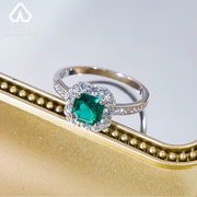 时尚欧美复古培育祖母绿宝，莫桑钻戒指，女轻奢气质精致方钻指环