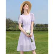 紫色法式茶歇甜美泡泡短袖连衣裙子2023夏季抽绳收腰显瘦气质