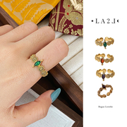 la2l黄铜镀金紫水晶，石榴石开口戒指，复古做旧半宝石高级感指环