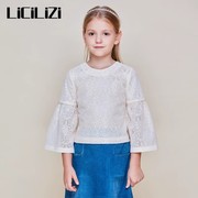 LiCiLiZi粒子女童粉色蕾丝上衣镂空珍珠装饰背扣圆领春秋长袖