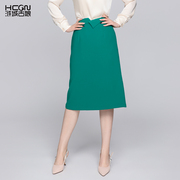 秋纯绿色显瘦设计感百搭时尚女士高腰拉链显瘦过膝高端A字半身裙