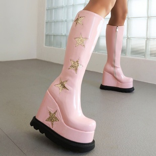 白色粉红色靴子皮靴欧美性感厚底高跟高筒靴女坡跟鞋大码女靴 MTH