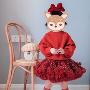 儿童蓬蓬裙酒红色半身兔兔裙网纱短裙蛋糕裙圣诞芭蕾过年服秋冬装