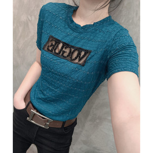 夏天镂空蕾丝短袖T恤女欧洲站时尚字母修身弹力半袖性感上衣