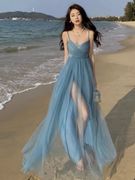 夏米花铺夏装连衣裙 海边度假沙滩吊带性感开叉气质网纱长裙