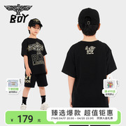胜利之鹰boy童装儿童潮流短袖，男女童夏季黑色圆领朋克印花t恤