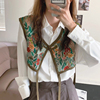 韩国ins复古民族风刺绣，系带马甲背心+简约翻领单排扣长袖白衬衫女