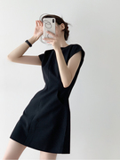 黑色短袖连衣裙女2024夏气质(夏气质，)收腰显瘦立裁小个子圆领短裙子小黑裙