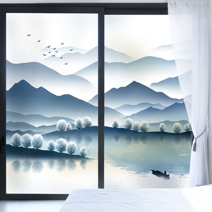中式山水阳台窗户玻璃贴纸窗花贴透光不透明静电磨砂贴膜遮光窗纸