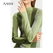 Amii撞色条纹毛衣女2024冬修身显瘦打底衫通勤百搭半高领上衣