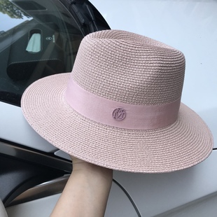 MM帽子简约大气巴拿马礼帽子小众洋气粉色草帽逛街沙滩出游帽子女