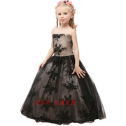 儿童女童婚纱礼服 长款主持服 花童礼服黑色花童裙走秀钢琴演出服