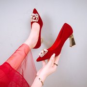 婚鞋女2022最新娘结婚鞋子中式秀禾红色粗跟主婚纱日常可穿